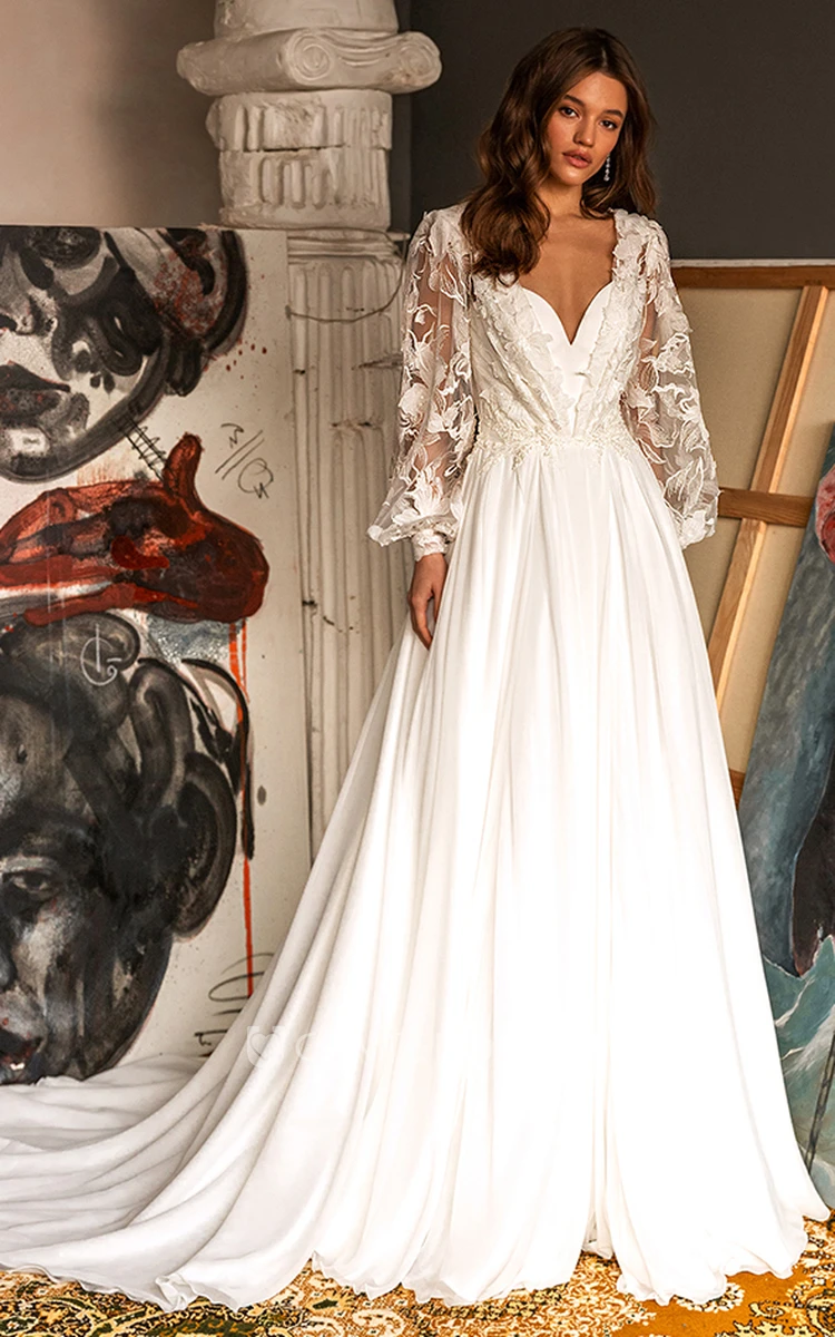 Bohemian A Line Chiffon Sweetheart Wedding Dress With Long Sleeve And Open Back