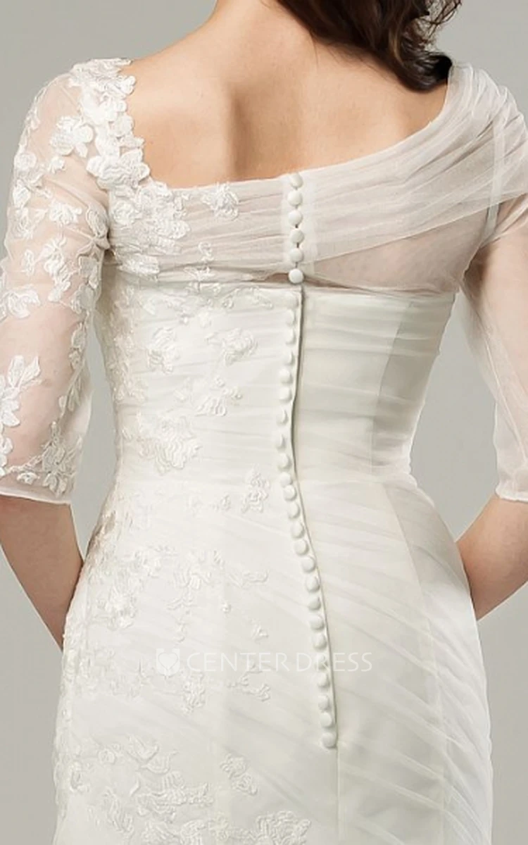 Ruched Scoop-Neck Half-Sleeve Tulle Wedding Dress With Sweep Train