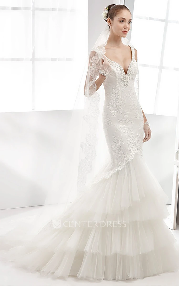 Deep-V Sheath Lace Gown With Tiers Tulle Train And Open Back