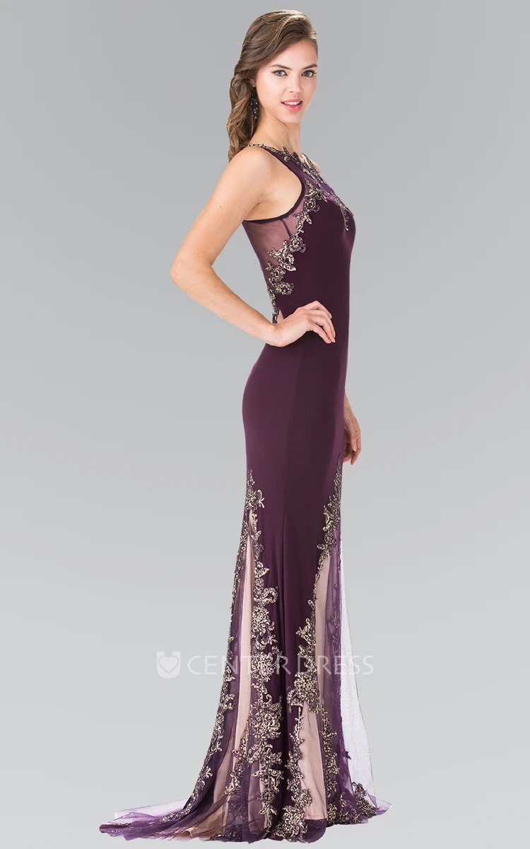 Sheath Scoop-Neck Sleeveless Jersey Illusion Dress With Appliques
