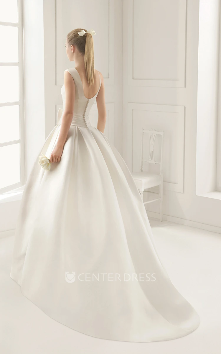 Angelic Sleeveless Satin Ball Gown With Bow Sash