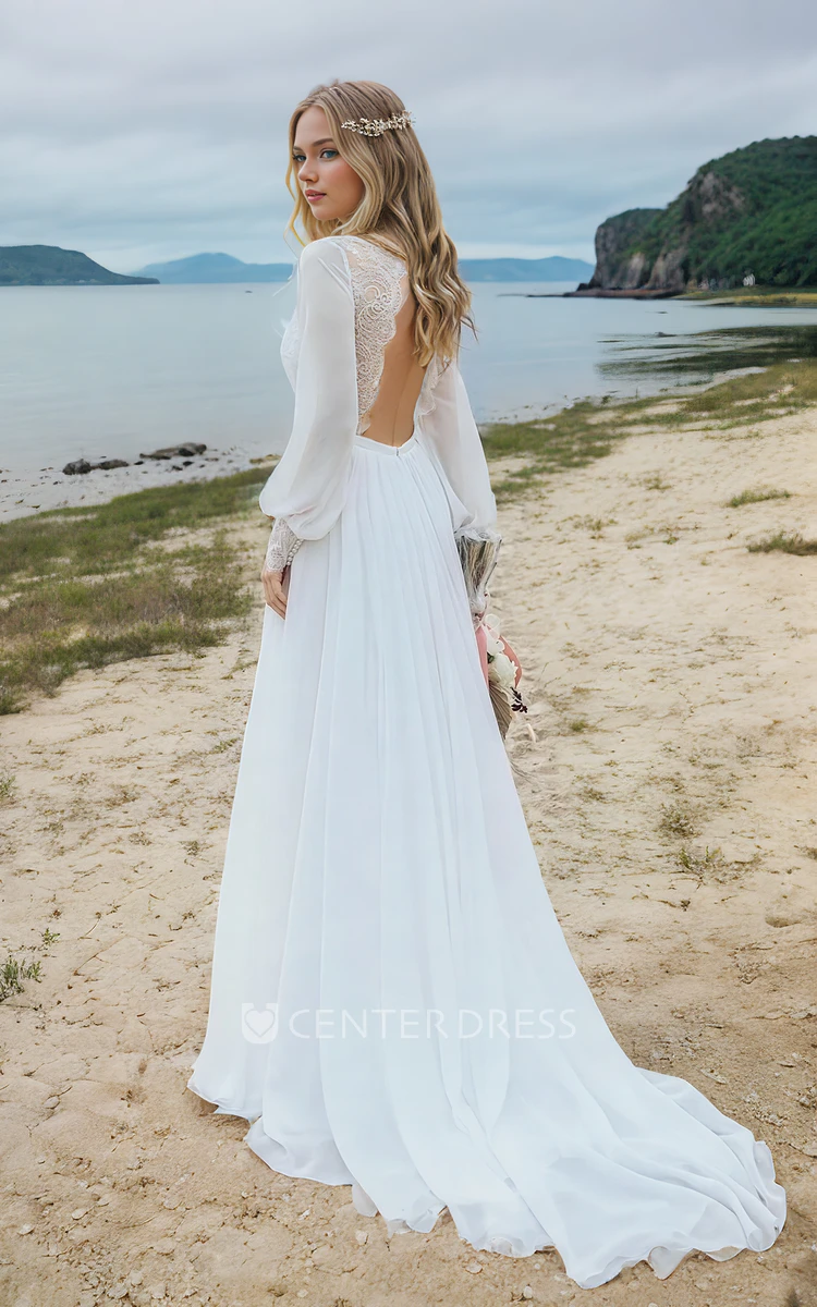 Unique Rustic Beach A-Line Boho Lace Cuffs Wedding Dress Western Modest Split Front Illusion Neckline Bridal Gown