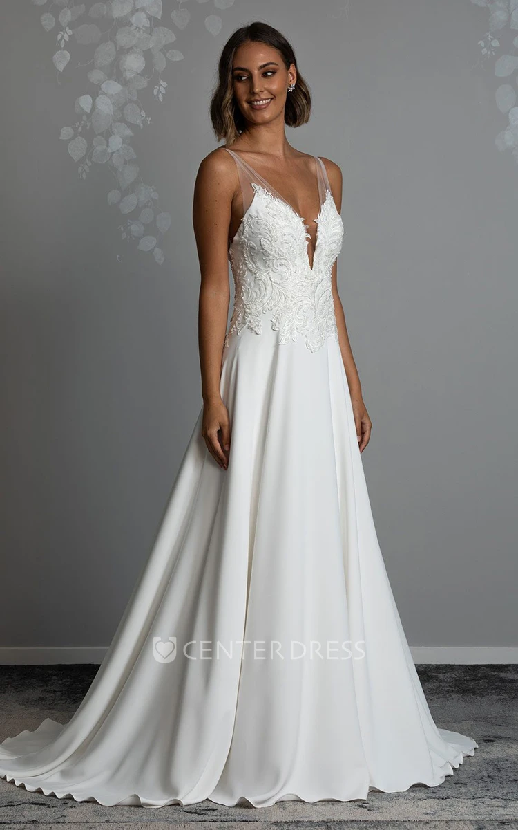Spandex A-Line Casual Wedding Dress with V-neck Appliques Casual A-Line Wedding Dress with V-neck Appliques