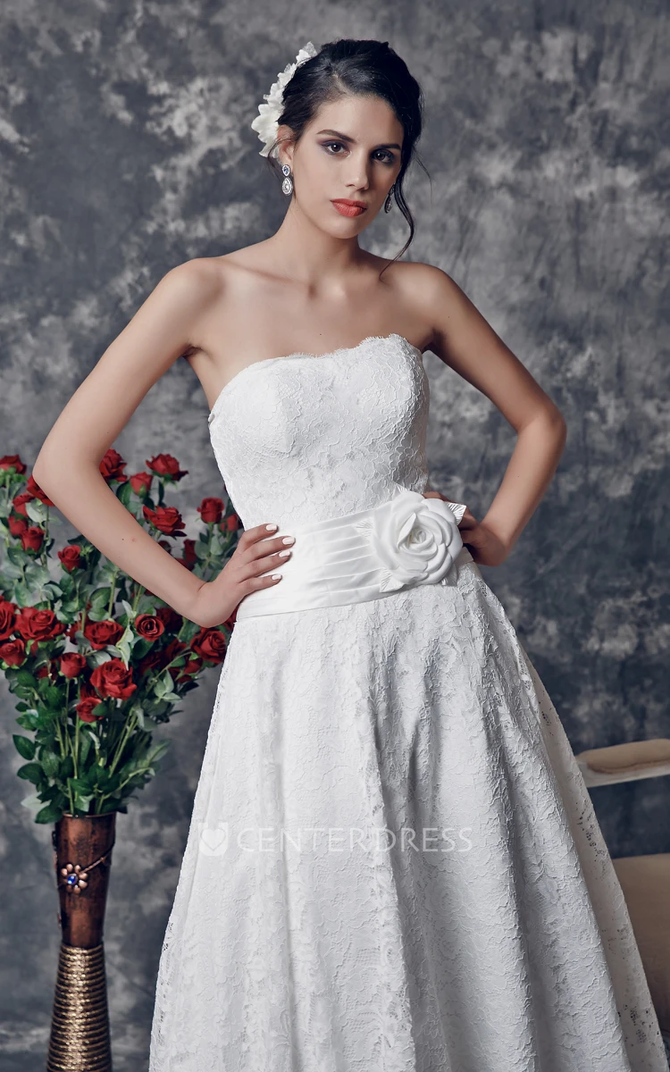 Elegant Strapless Ankle Length Lace Wedding Dress With Flower