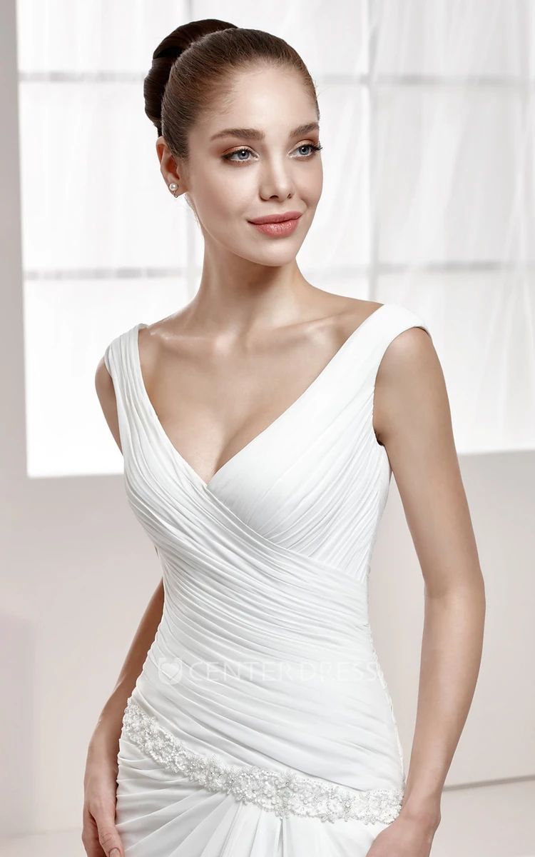 Sweetheart Pleating Wedding Gown with Side Split and Cap Sleeves