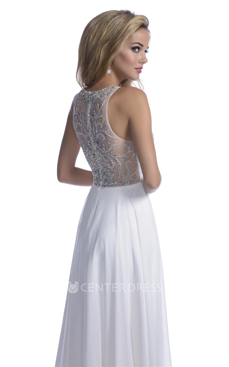 Sleeveless Jewel Neck A-Line Chiffon Prom Dress Featuring Rhinestone Bodice
