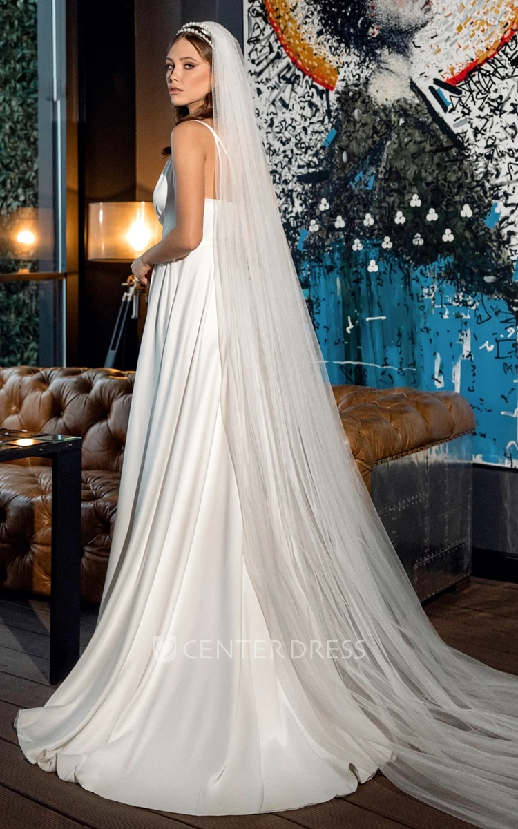 Charming A Line Satin V-neck Sleeveless Wedding Dress with Split Front