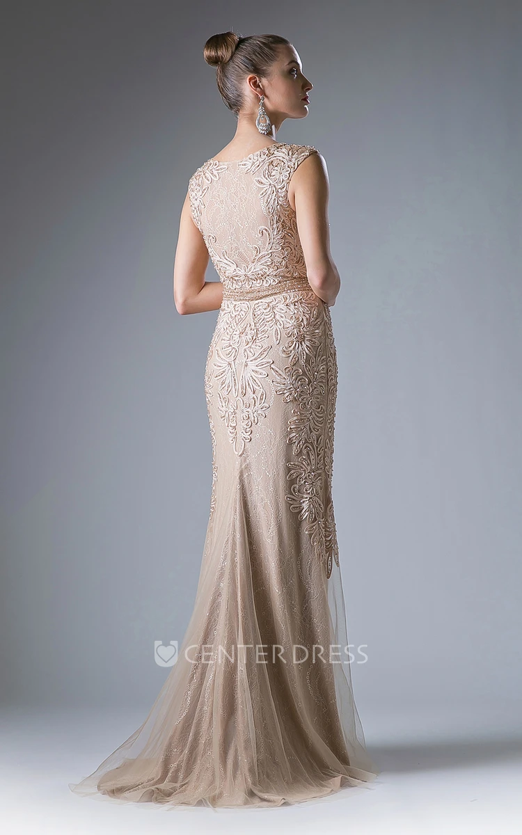 Sheath Scoop-Neck Sleeveless Lace Dress With Beading And Appliques
