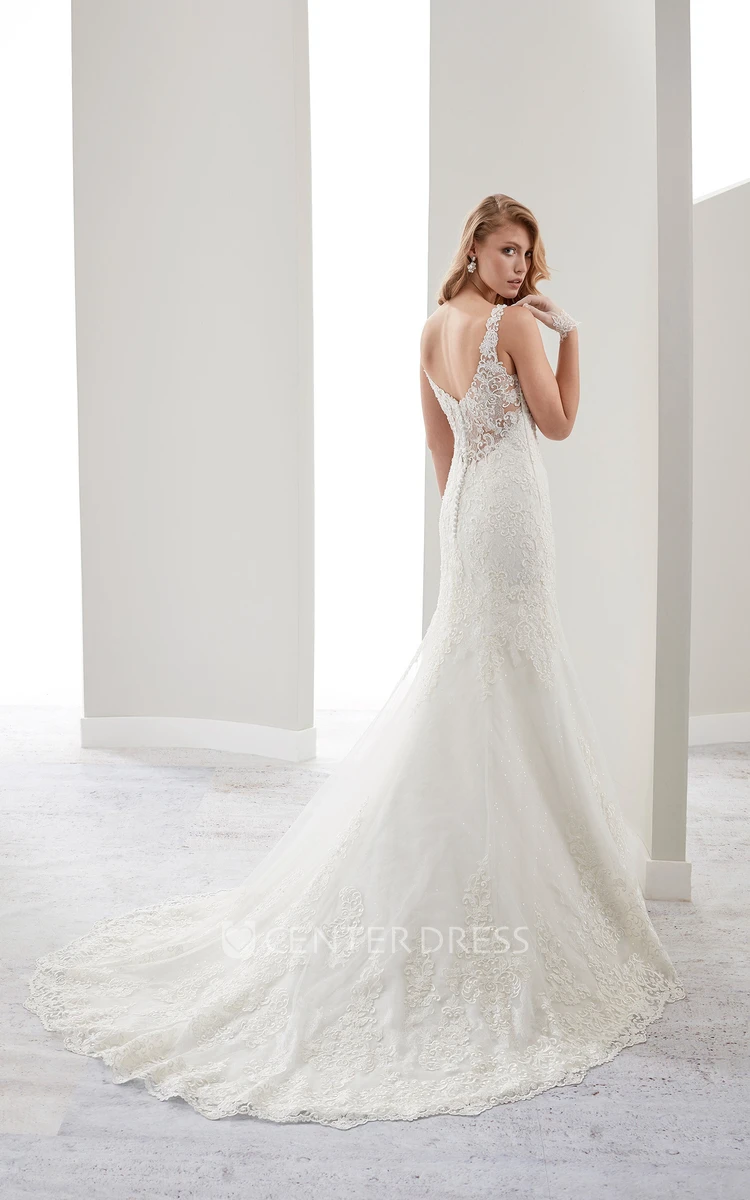V-Neck Mermaid Sheath Lace Bridal Gown With Illusive Appliques Straps And Open Back