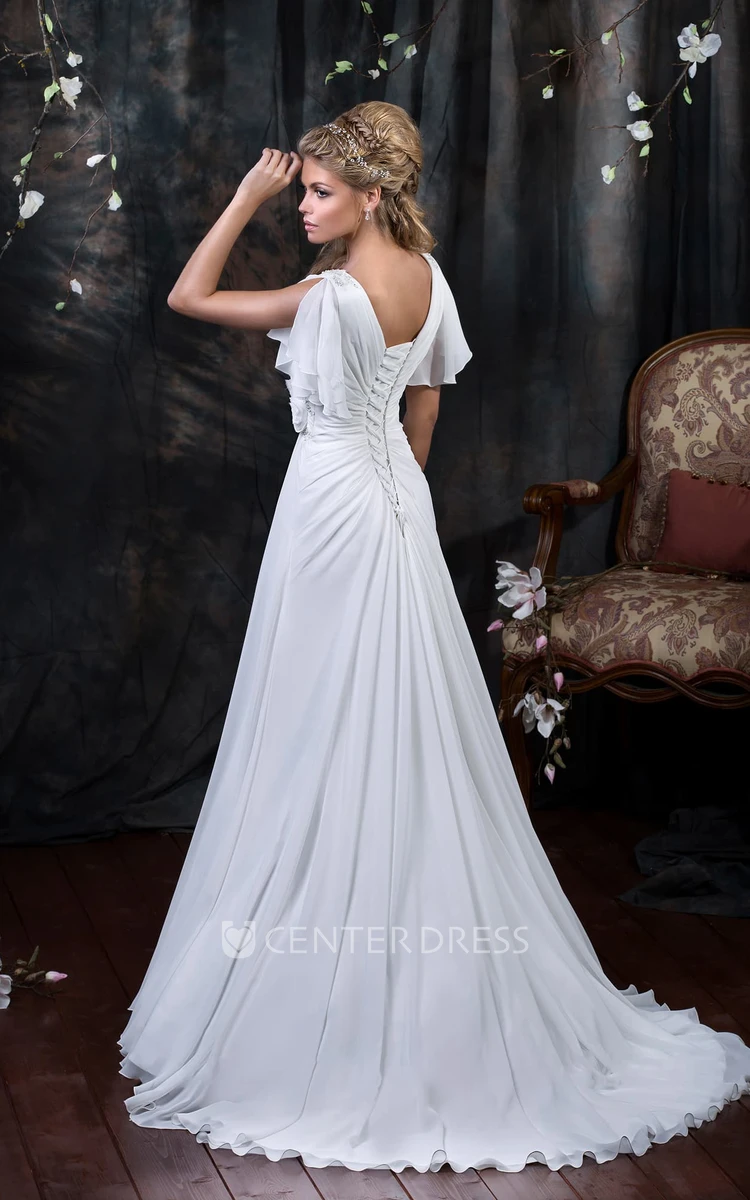 A-Line Floor-Length V-Neck Poet-Sleeve Corset-Back Chiffon Dress With Side Draping And Flower