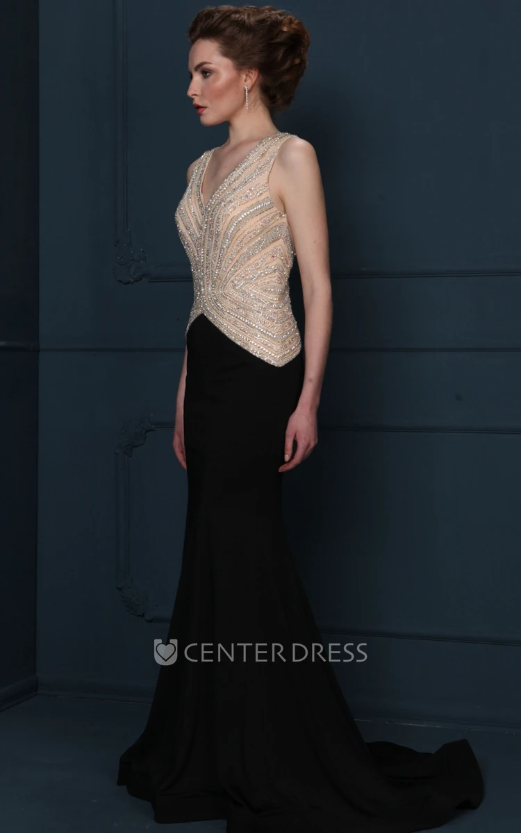 Long V-Neck Beaded Jersey Evening Dress With Sweep Train And V Back