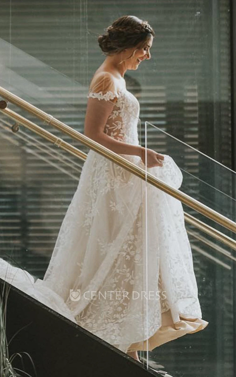 A-Line Lace Tulle Wedding Dress with Illusion Sleeves and Appliques