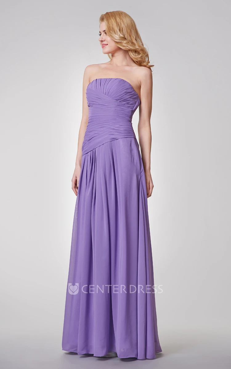 Strapless A-line Long Pleated Chiffon Dress With Ruched Waist