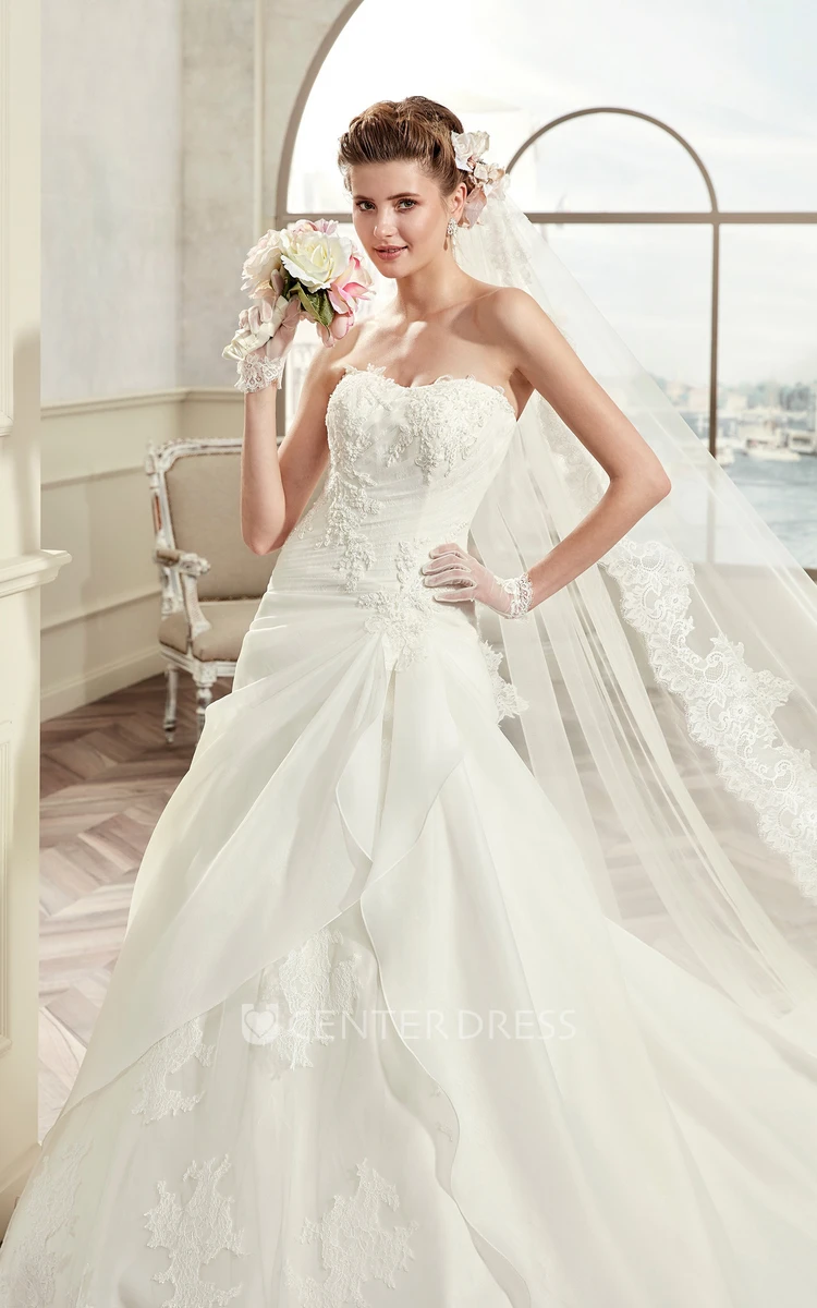 Strapless Lace Long Wedding Dress With Asymmetrical Ruffles And Lace-Up Back