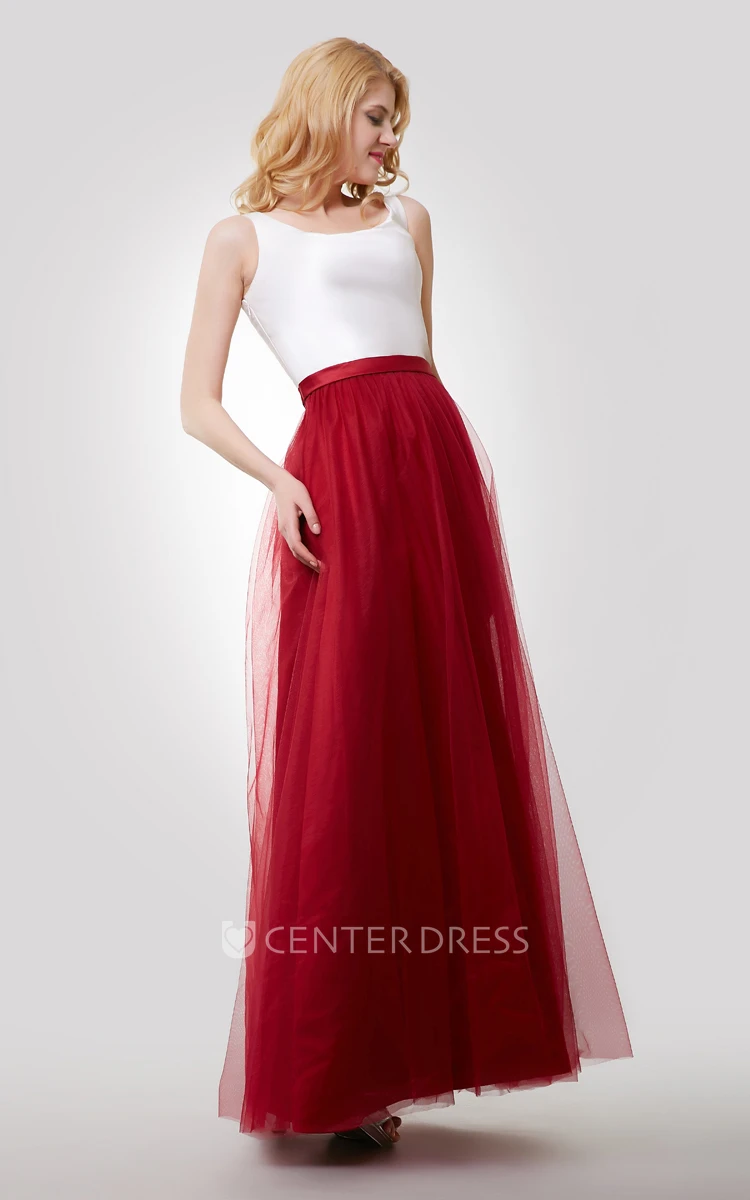 A-Line Sleeveless Color Blocking Dress With Tulle Skirt and Bateau Neck
