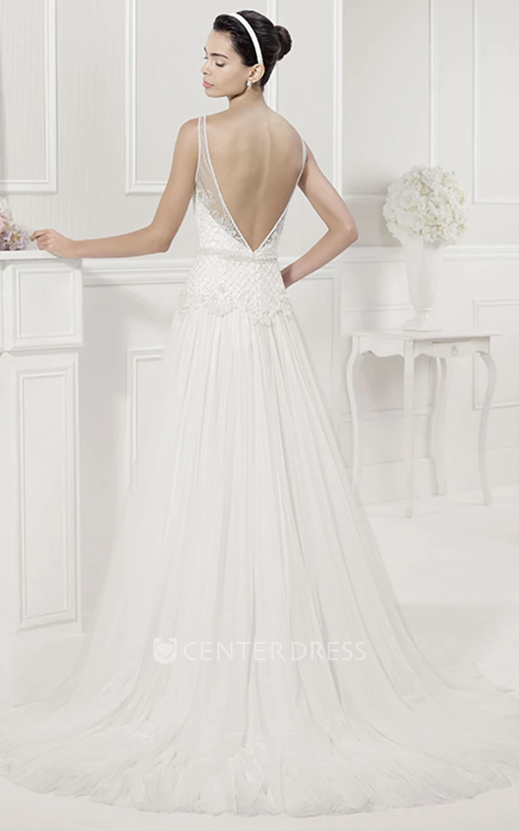Bateau Jewel Neckline Sleeveless Pleated Tulle Bridal Gown V Back