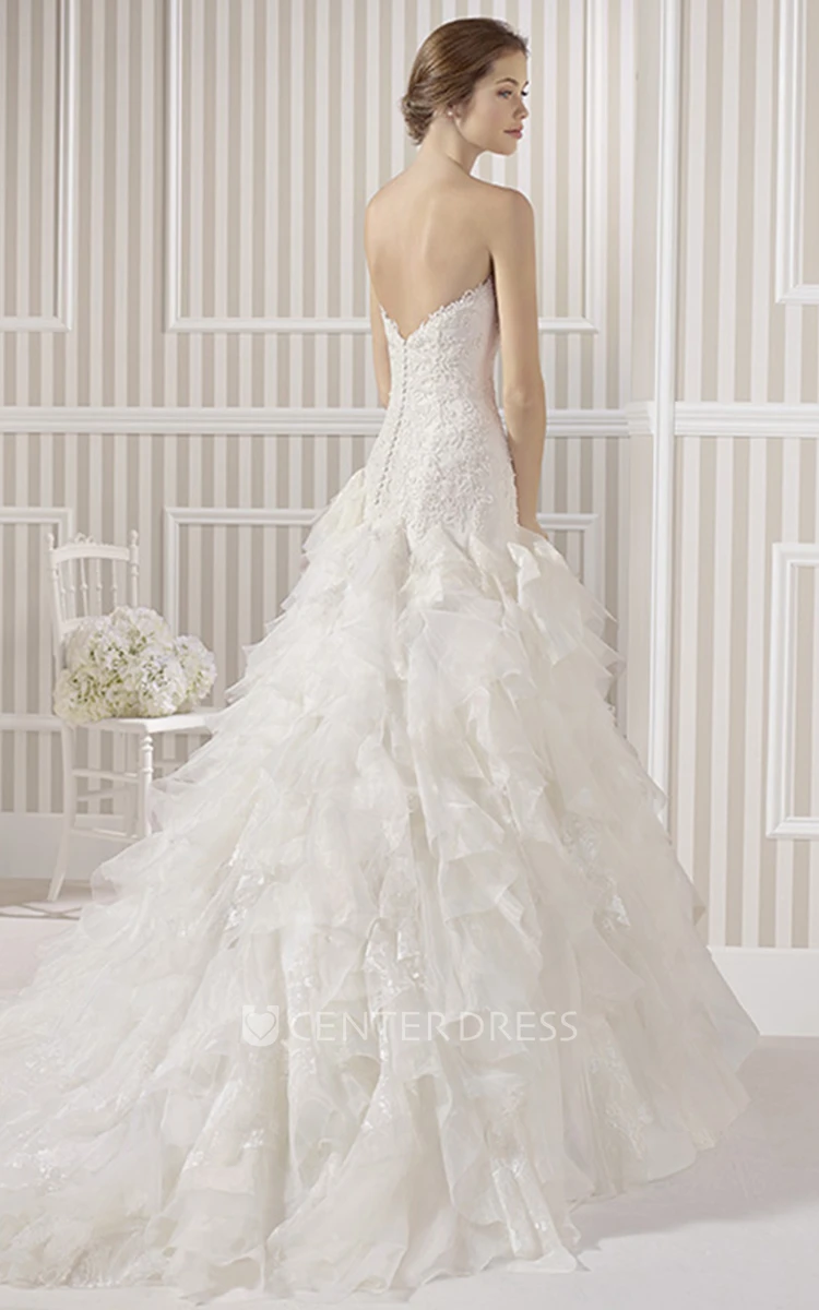 A-Line Long Sweetheart Beaded Organza Wedding Dress With Cascading Ruffles And Appliques