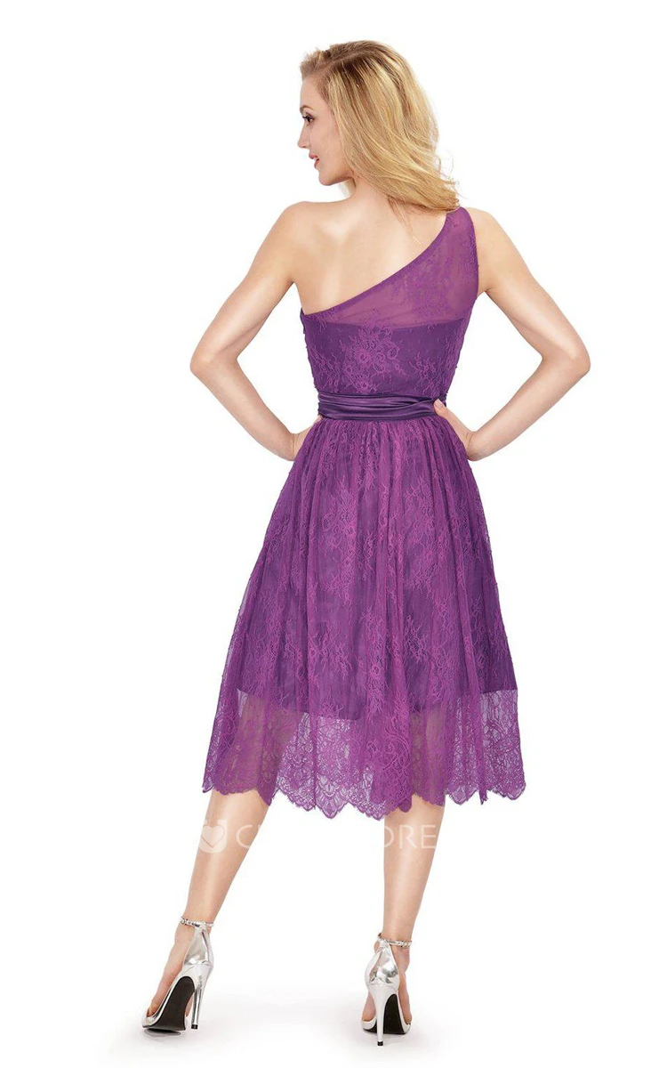 One-shoulder Tea-length Dress With Lace and Bow
