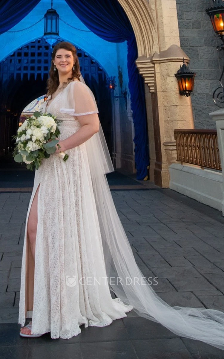 Plus Size Full Body Lace Comfort Illusion Short Sleeve Wedding Dress Sheath V-neck Floor-length Beach Bridal Gown