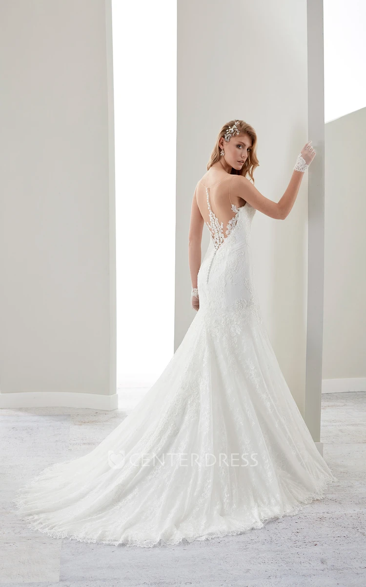 Sweetheart Sheath Lace Bridal Gown With Spaghetti Straps And Brush Train