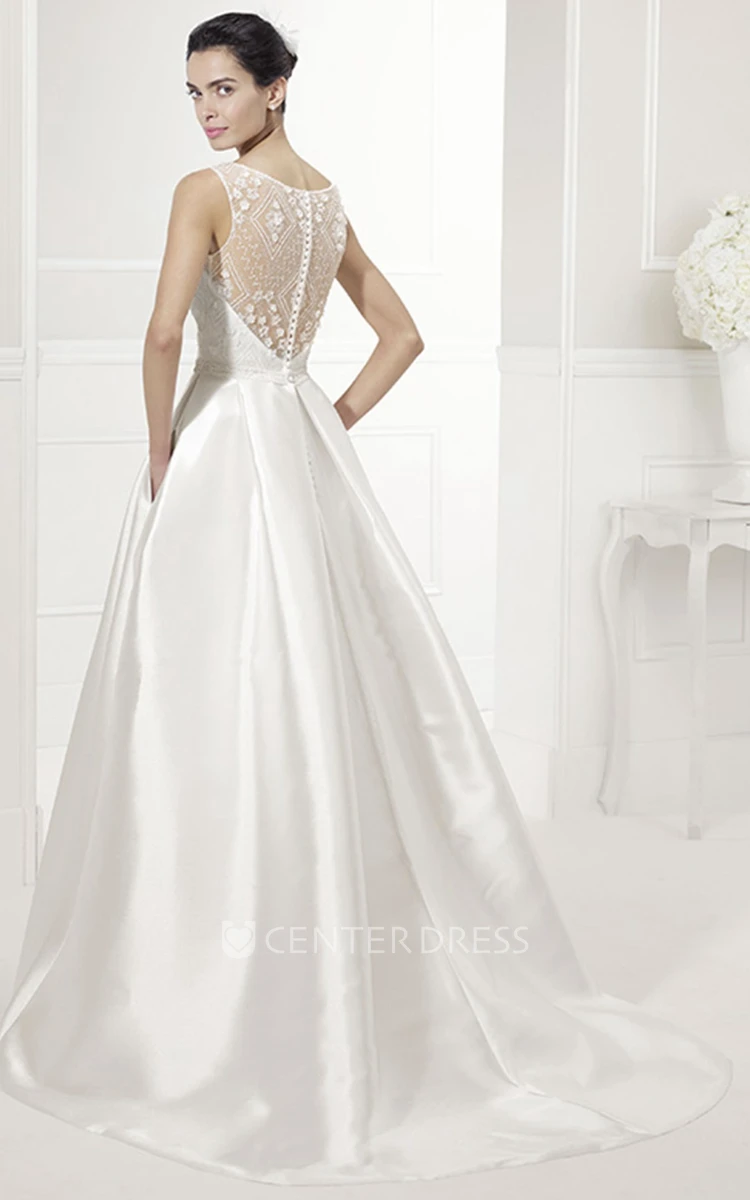 Jewel Neck Sleeveless Taffeta Bridal Ball Gown With Lace Bodice