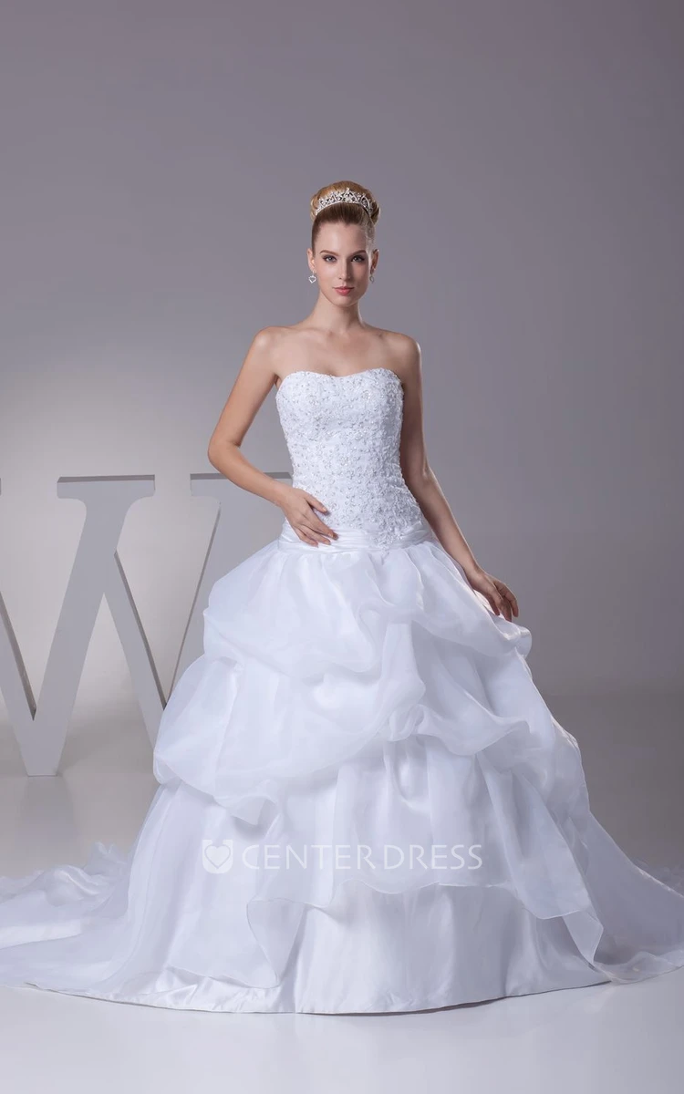Strapless Appliqued A-Line Ball Gown Organza Wedding Dress With Pick-Up Design