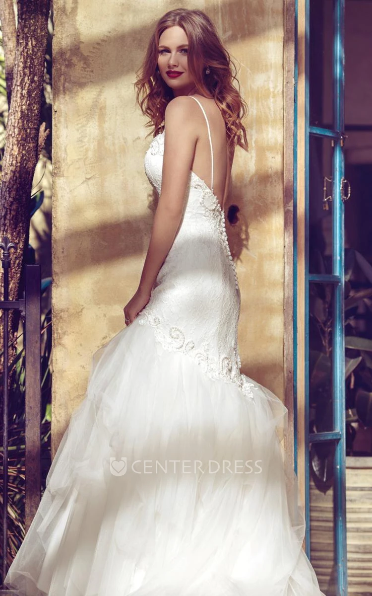 Mermaid Sleeveless Floor-Length Appliqued Spaghetti Lace&Tulle&Satin Wedding Dress With Ruffles And Backless Style