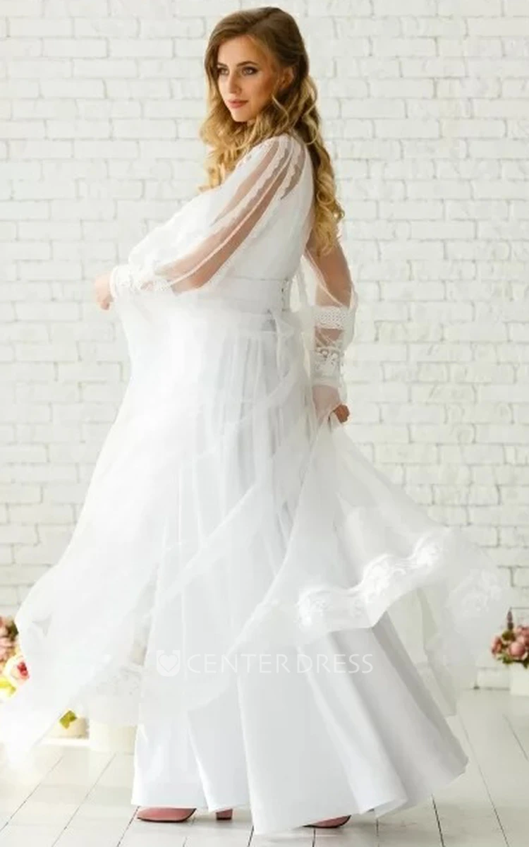 Simple V-neck A Line Chiffon Long Sleeve Floor-length Wedding Dress with Ruching