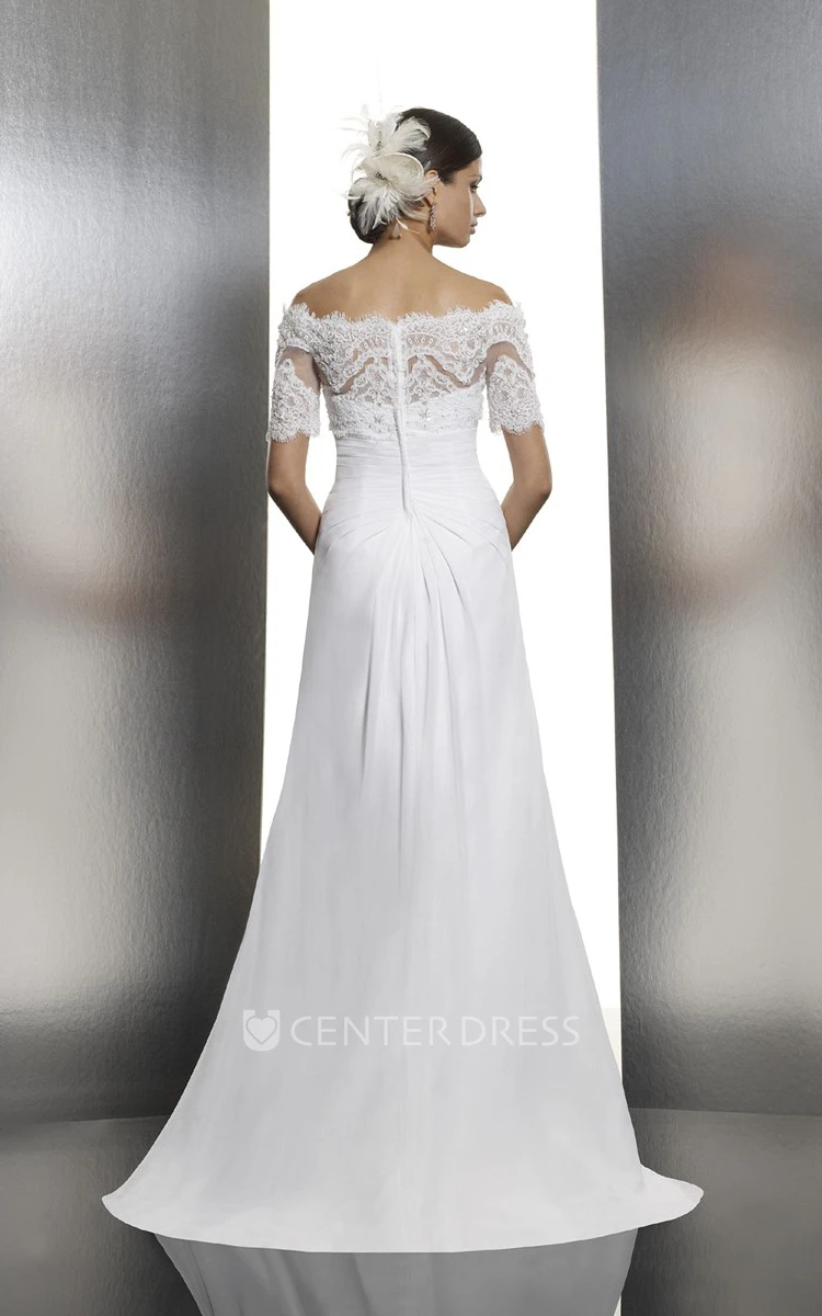 Sheath Short-Sleeve Off-The-Shoulder Appliqued Floor-Length Chiffon Wedding Dress With Beading And Broach