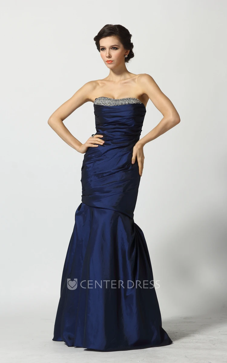 Floor-length Sleeveless A-Line Sweetheart Taffeta Prom Dress with Beading and Ruching