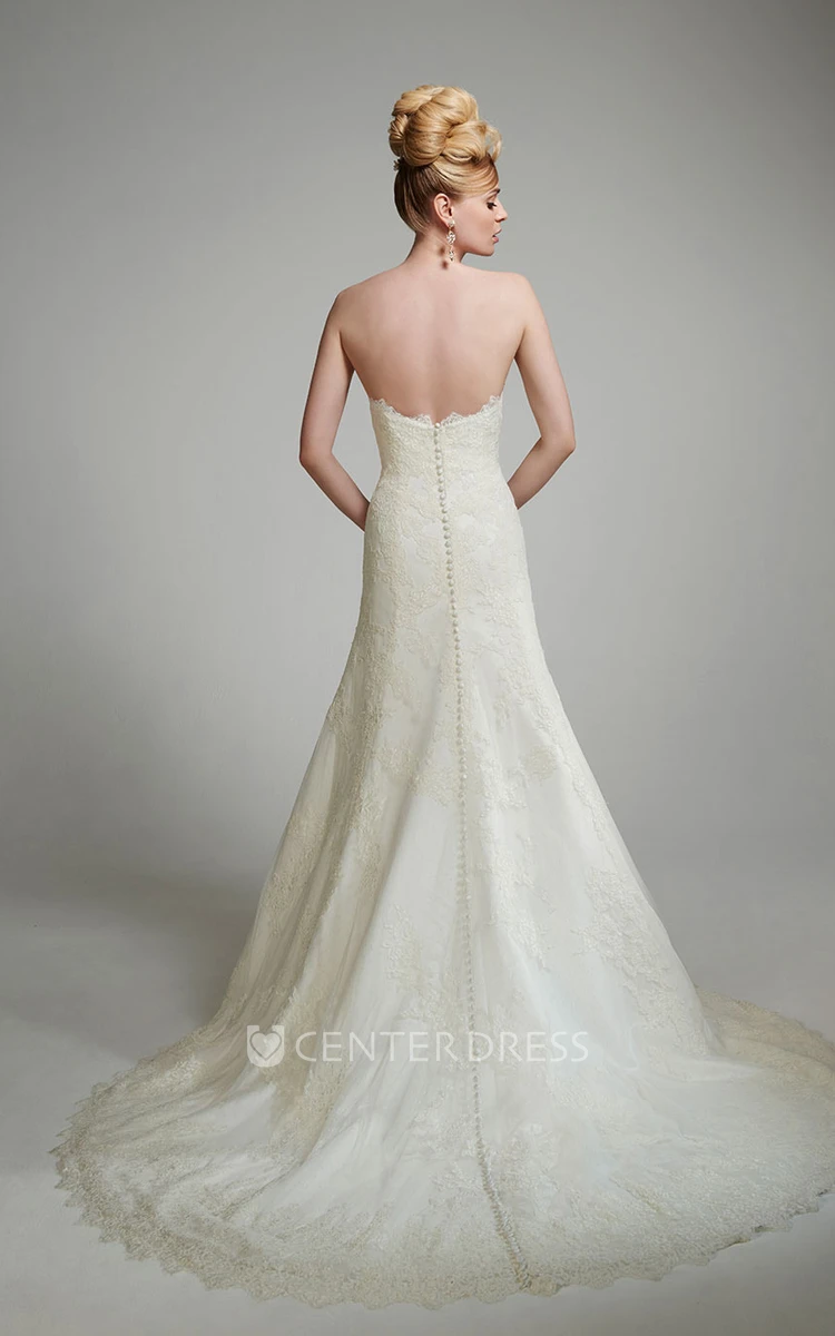 A-Line Sweetheart Long Lace Wedding Dress With Appliques And Deep-V Back