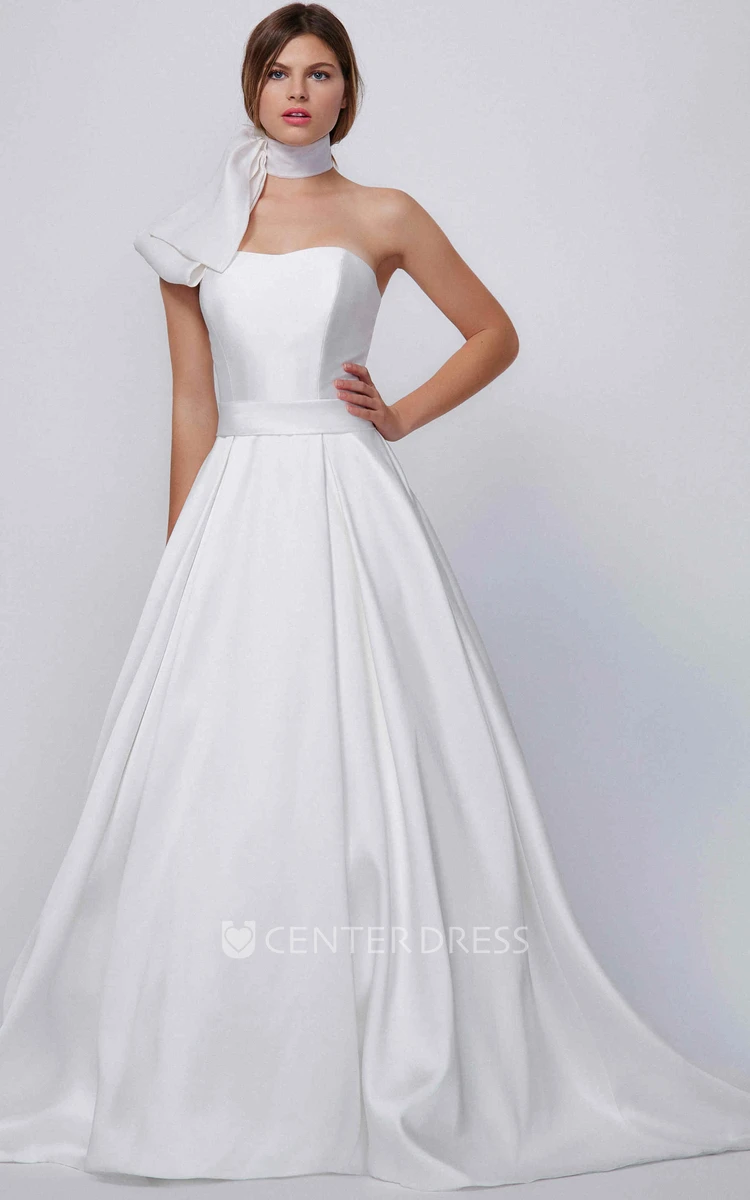 A-Line Floor-Length Strapless Sleeveless Satin Wedding Dress
