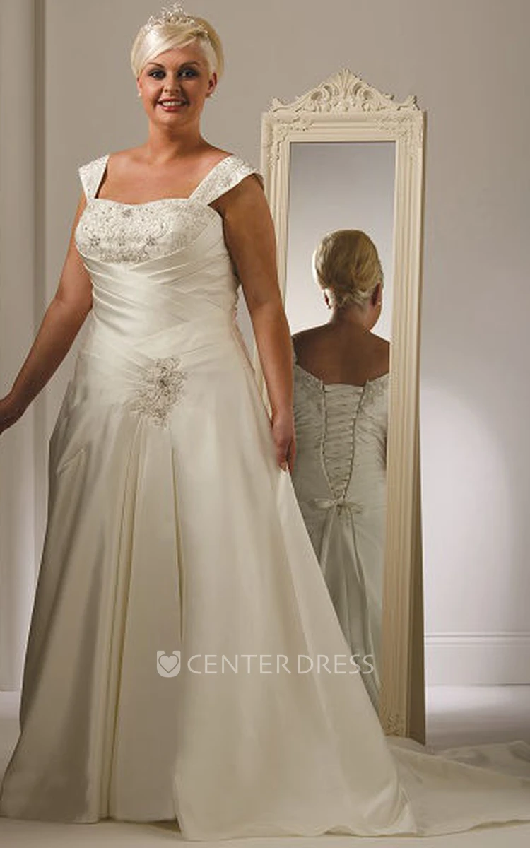 Cap Sleeve Taffeta Bridal Gown With Lace Up And Crystals
