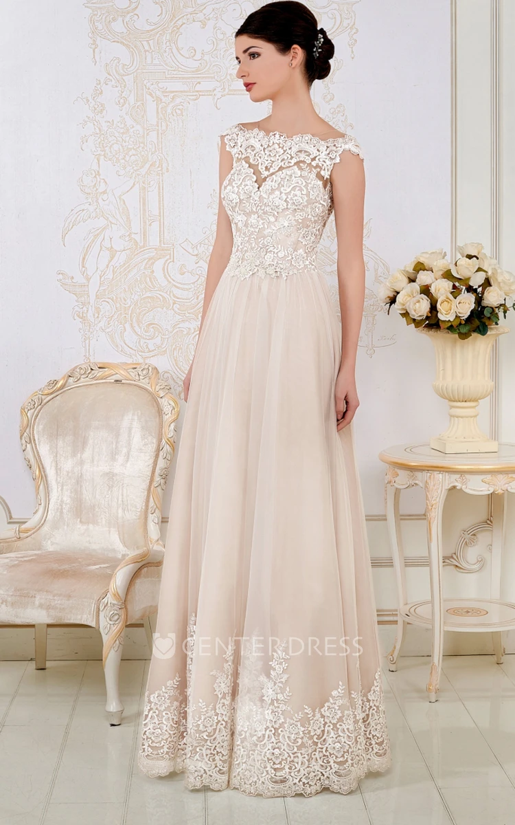 Sheath Maxi Appliqued Cap-Sleeve Bateau-Neck Lace Wedding Dress