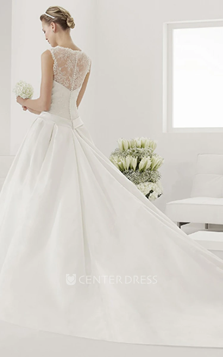 Illusion Lace Neck Sleeveless Taffeta Bridal Gown With Belt