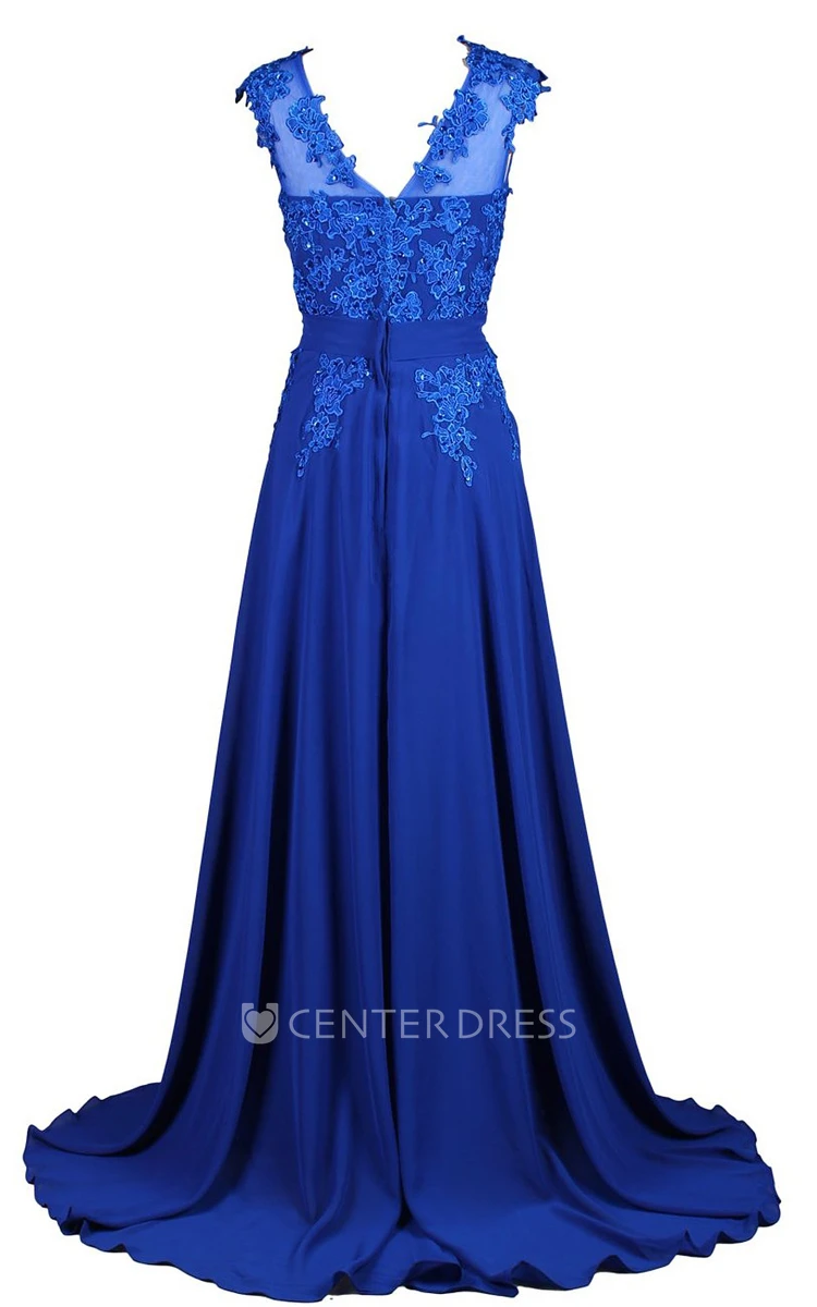 Cap-sleeve Beaded Chiffon A-line Gown With Lace Appliques