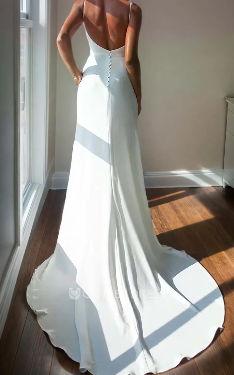 Mermaid Beach Floor-length Spaghetti Straps Simple Sexy Solid Ruched Sleeveless Wedding Dress with Button Zipper Deep-V Back Split Front