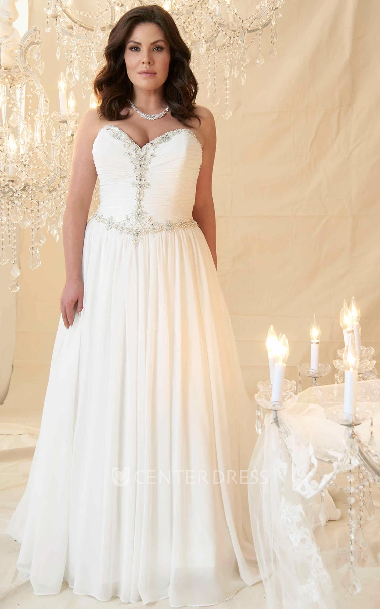 Sheath Sweetheart Long Beaded Chiffon Plus Size Wedding Dress With Ruching And Pleats