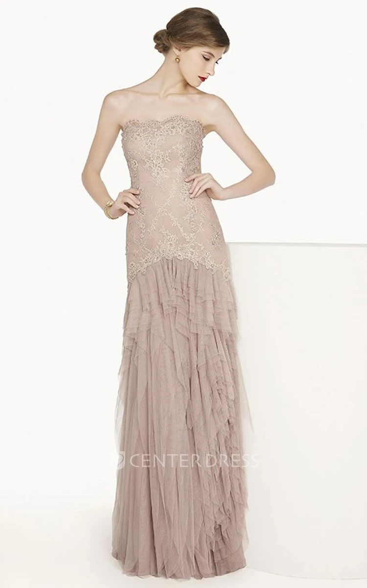Scalloped Strapless Tulle Long Prom Dress With Lace Top And Tiered Skirt