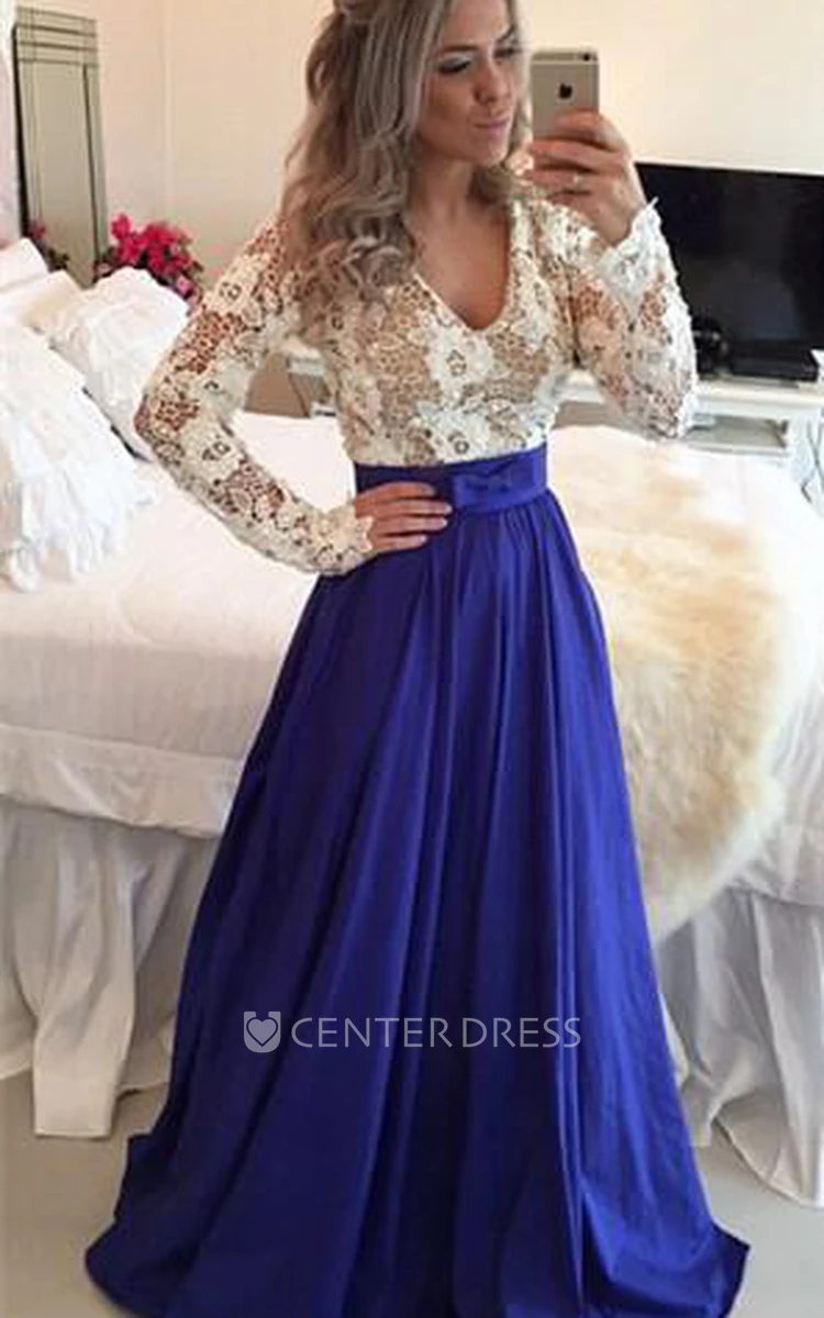 Modern Lace Chiffon Long Sleev Prom Dress Zipper Button Back
