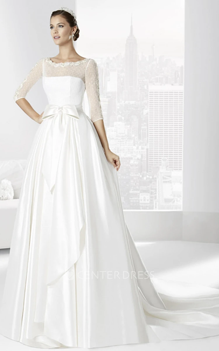 Mermaid Cap-Sleeve Floor-Length Appliqued Lace Wedding Dress With Waist Jewellery