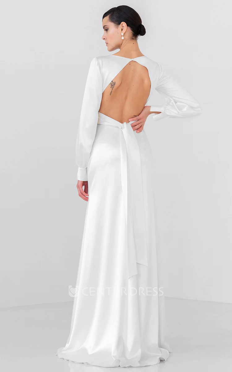 Simple V-neck A Line Satin Wedding Dress with Split Front