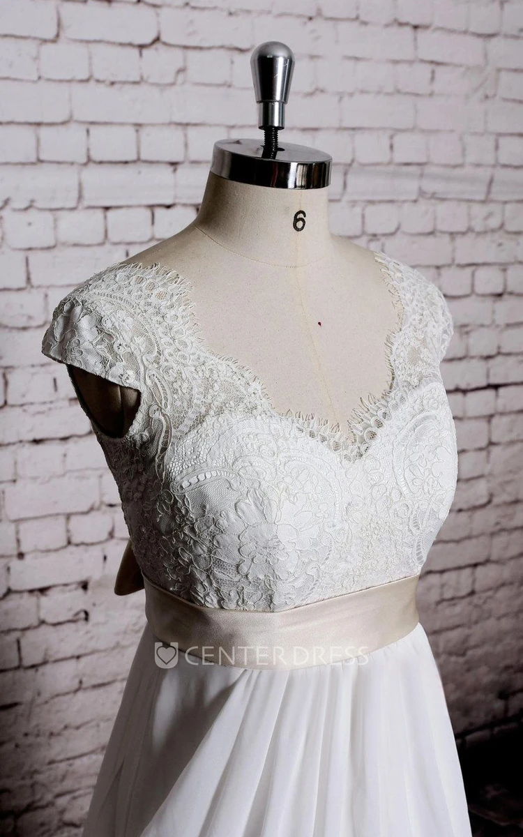Special Design Lace Cap Sleeve Chiffon Skirt With Champagne Sash