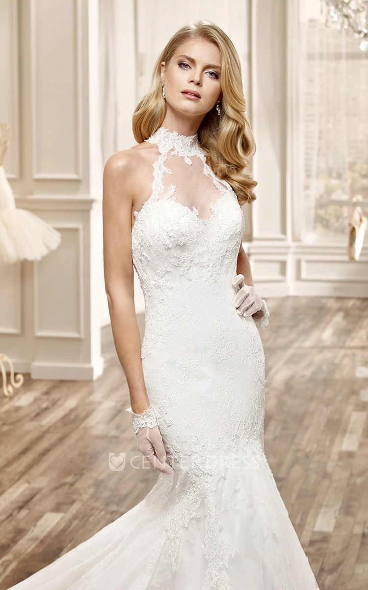 High-Neck Mermaid Lace Wedding Dress With Appliques And Keyhole Back