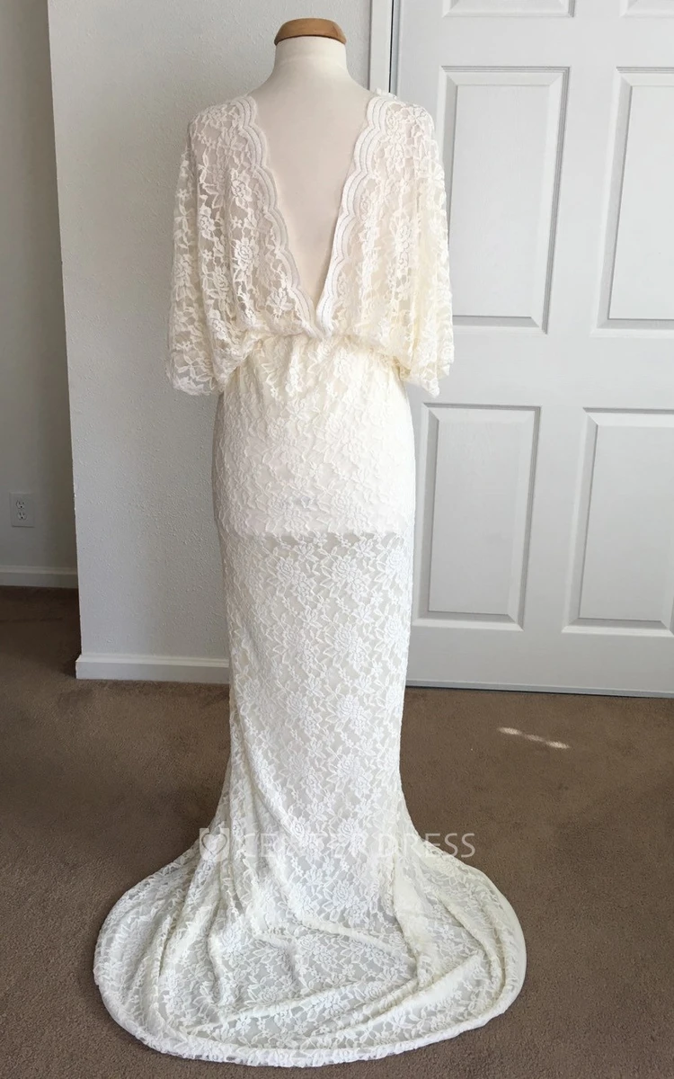 A-line Lace Scalloped V-neck Short Sleeve Split Front Maternity Wedding Dress