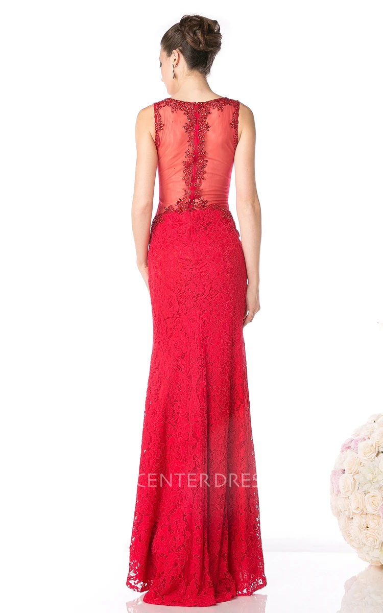 Sheath High-Low Scoop-Neck Sleeveless Lace Illusion Dress With Beading