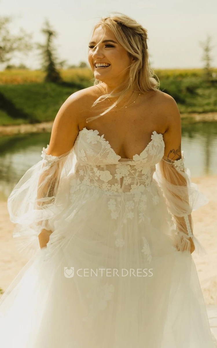 Simple A-Line Off-the-shoulder Lace Tulle Wedding Dress With Open Back And Appliques