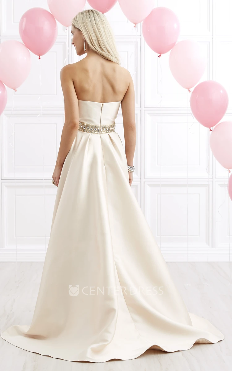 A-Line High-Low Sweetheart Satin Zipper Dress With Waist Jewellery And Draping