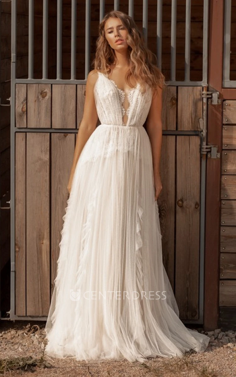 Elegant A-Line Tulle Plunging Neck Wedding Dress with Ruching