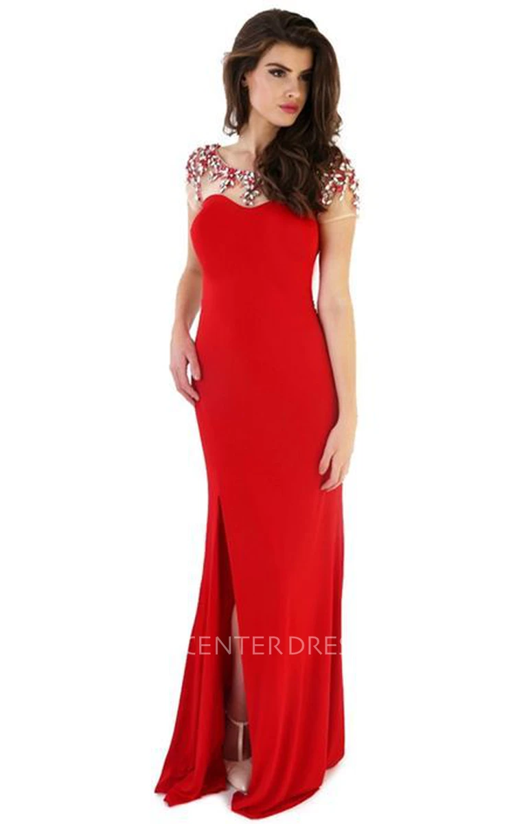 Sheath Beaded Floor-Length Cap-Sleeve Scoop Jersey Prom Dress With Keyhole Back And Flower